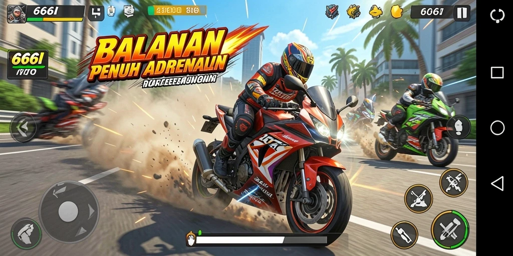 Gameplay seru 666I dalam balapan motor yang mendebarkan.