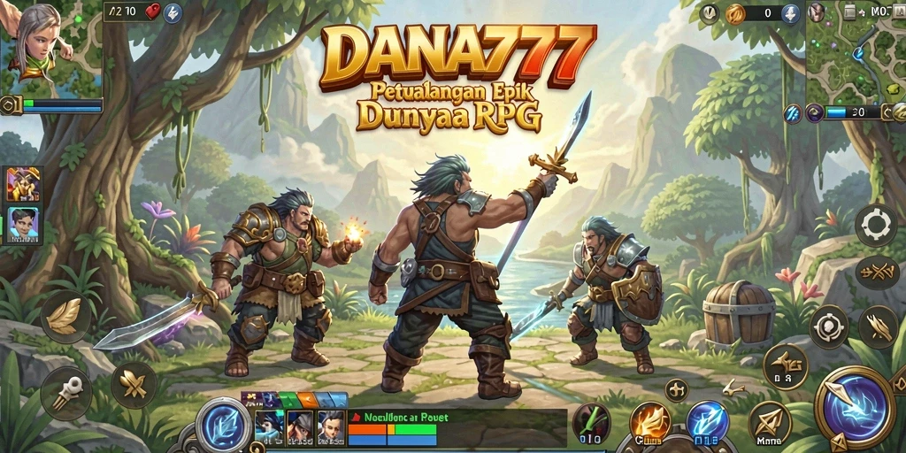 Screenshot DANA777 menampilkan karakter dalam pertempuran epik di dunia fantasi.