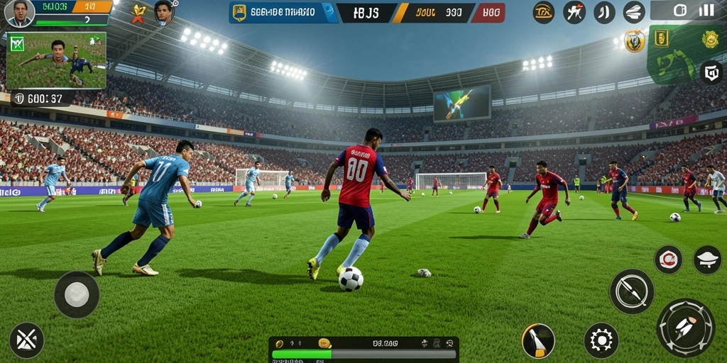 Screenshot menampilkan aksi seru dalam permainan sepak bola HO3.