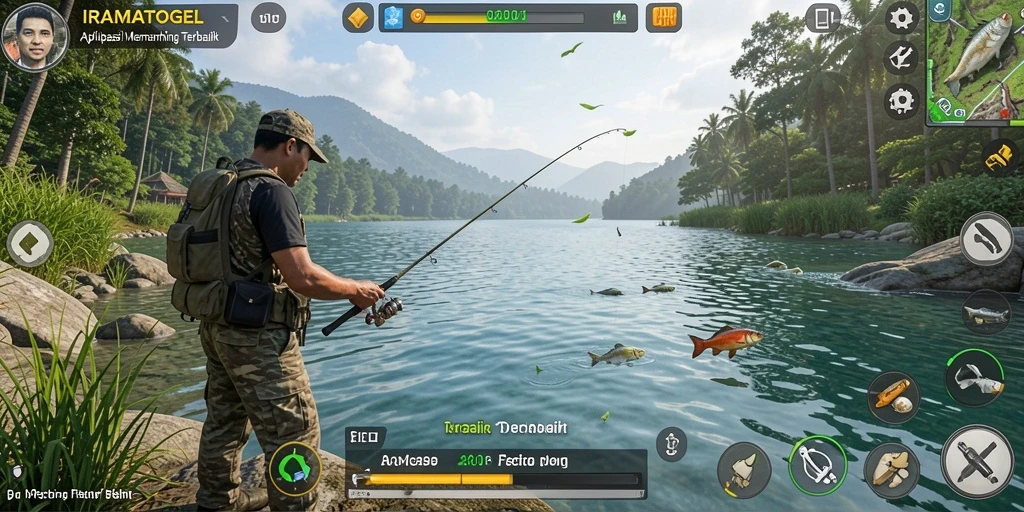 Tampilan gameplay dalam IRAMATOGEL yang memukau saat memancing.