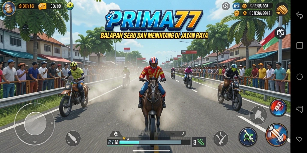Gameplay memukau dari PRIMA77 saat balapan di trek yang menantang.