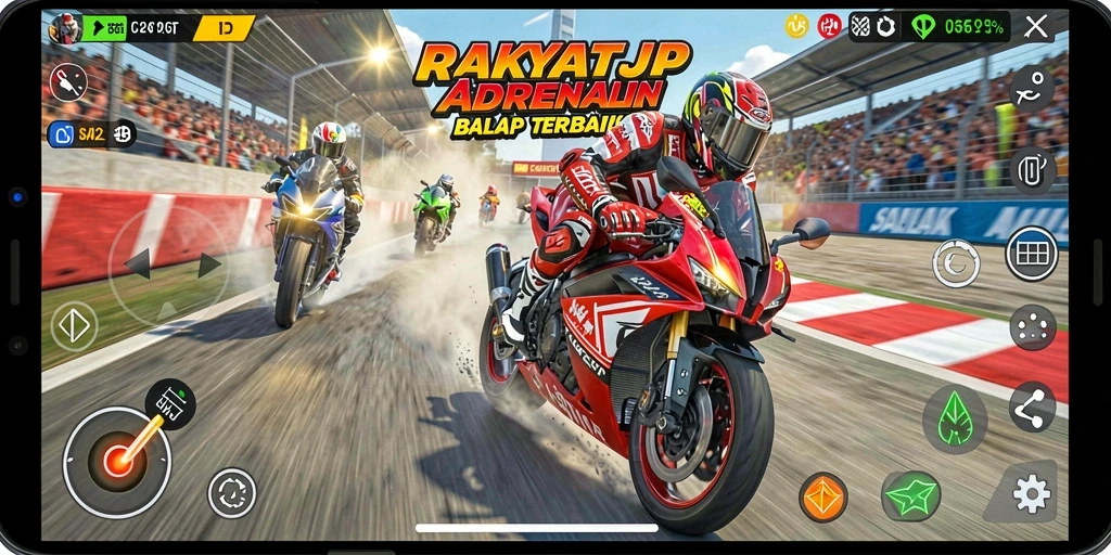 Screenshot RAKYATJP menampilkan balapan motor yang seru dan mendebarkan.