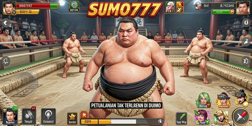 Gameplay SUMO777 menampilkan pertarungan sumo yang seru dan dinamis.